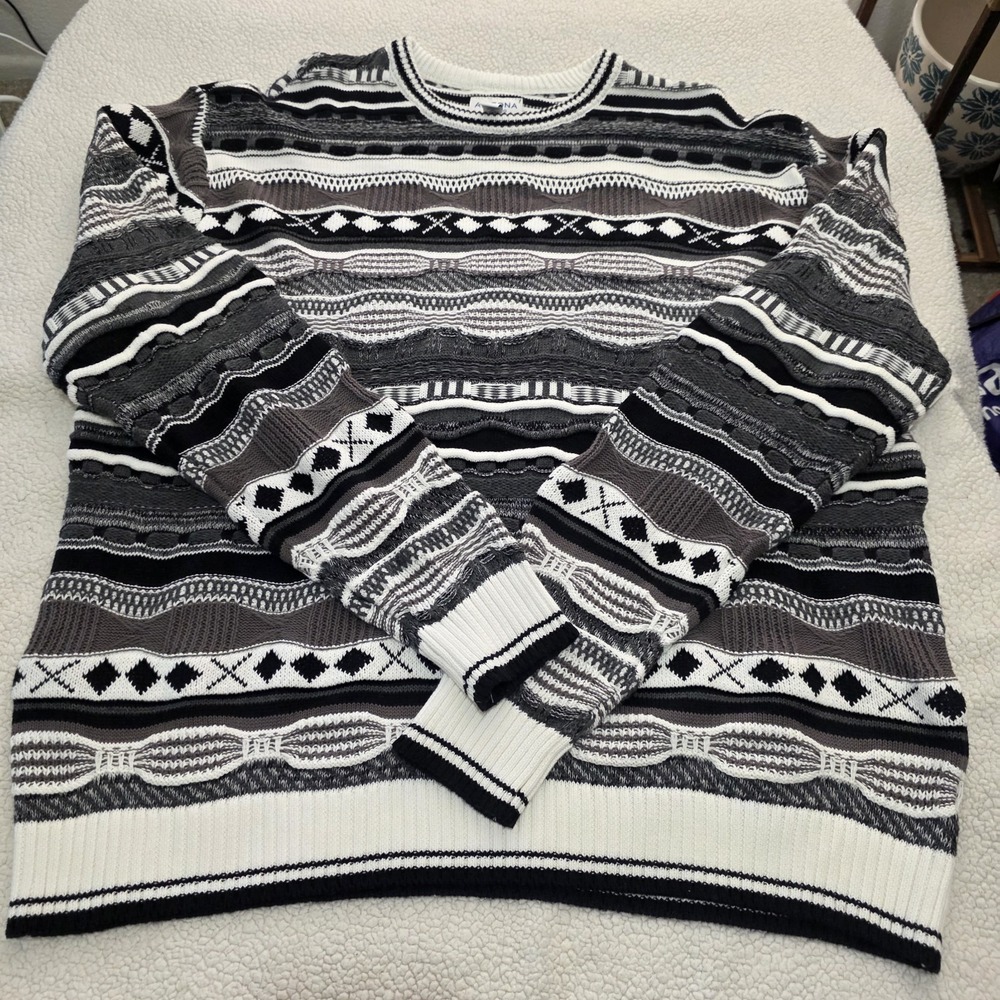 Arizona Jean Co Men Retro 3D Knit Sweater Large Gray Black 90s Streetwear NEW